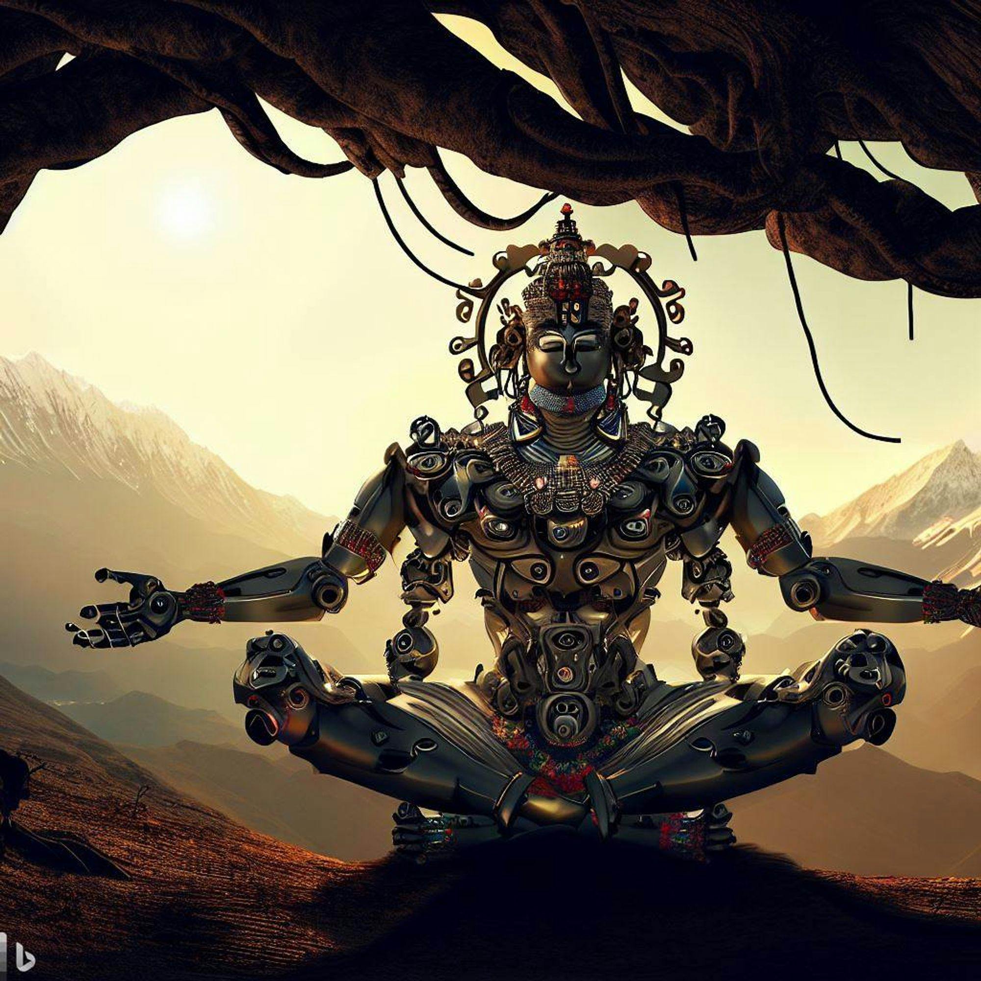 DALL-E: The Hindu god Vishnu, in his avatar as a cyborg, sits in a lotus position underneath a sprawling tree. His mechanical body is intricately adorned with traditional jewelry and garments, as if to honor his divine origins. The cybernetic components of his form hum with a quiet energy, lending an otherworldly air to the scene. As Vishnu meditates, his surroundings shimmer in the heat of the sun. Majestic mountains loom in the distance, their peaks jagged and snow-capped.
